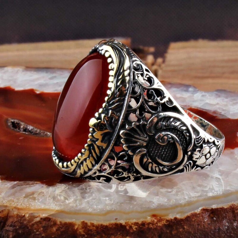 Hand Made pure Silver Ring with red amber Stone