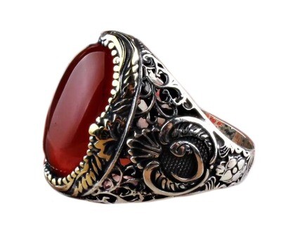 Hand Made pure Silver Ring with red amber Stone