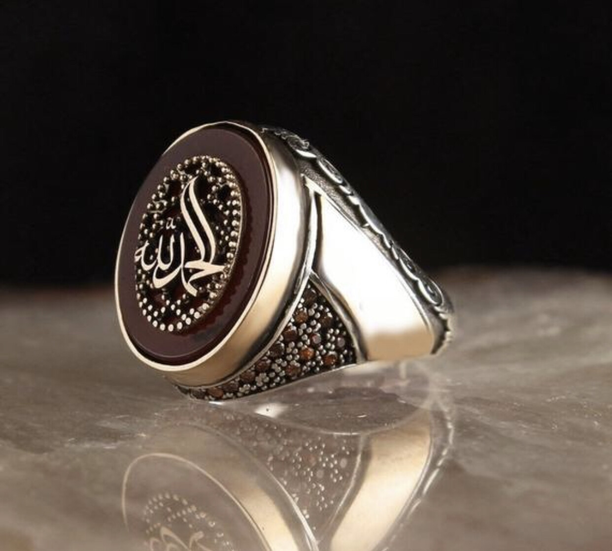Agate stone with Arabic Calligraphy (alhamdulilah) Silver Ring