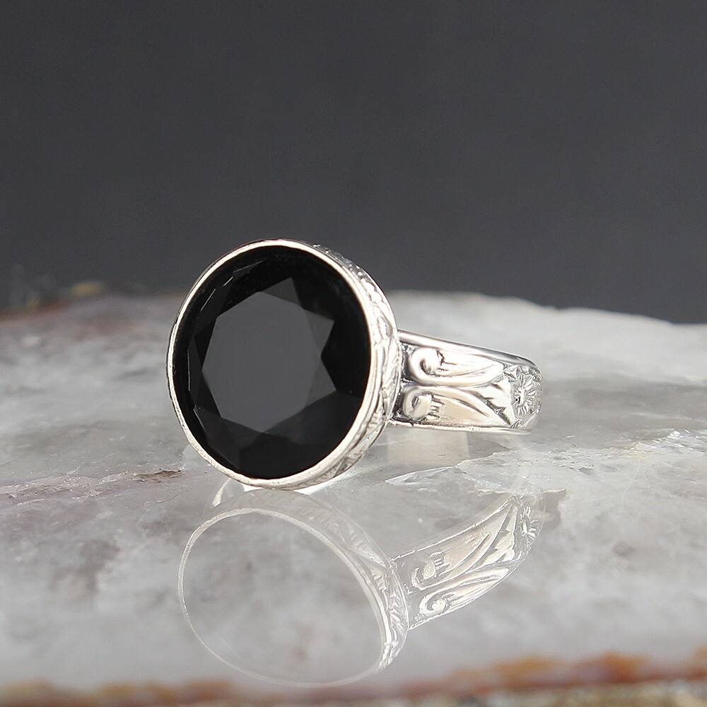 Silver Sterling Ring with Black Crystal Stone