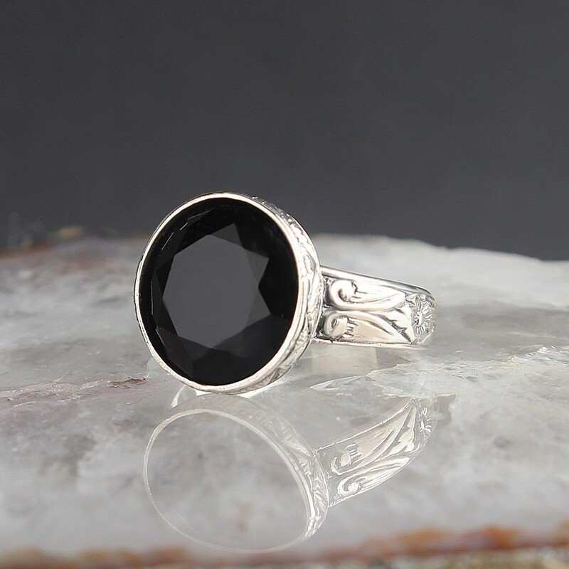 Silver Sterling Ring with Black Crystal Stone