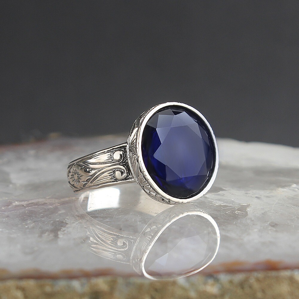Silver Sterling Ring with Blue Crystal Gemstone