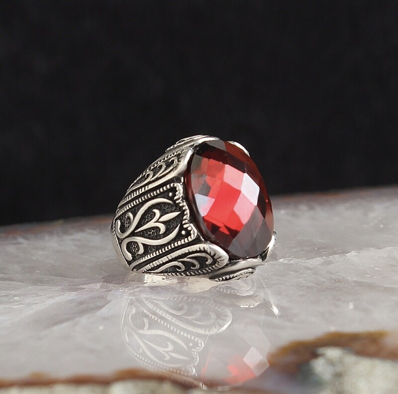 Silver Sterling Ring with Red Crystal Stone