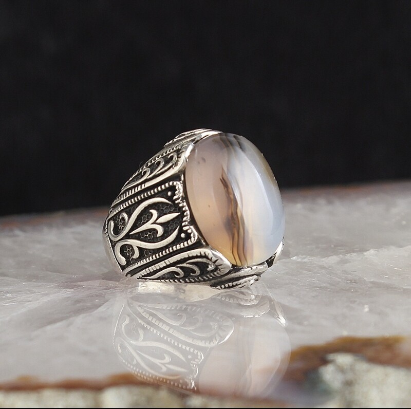 Pure 925 Silver Sterling Ring with Yamani Aqeeq Agate Stone