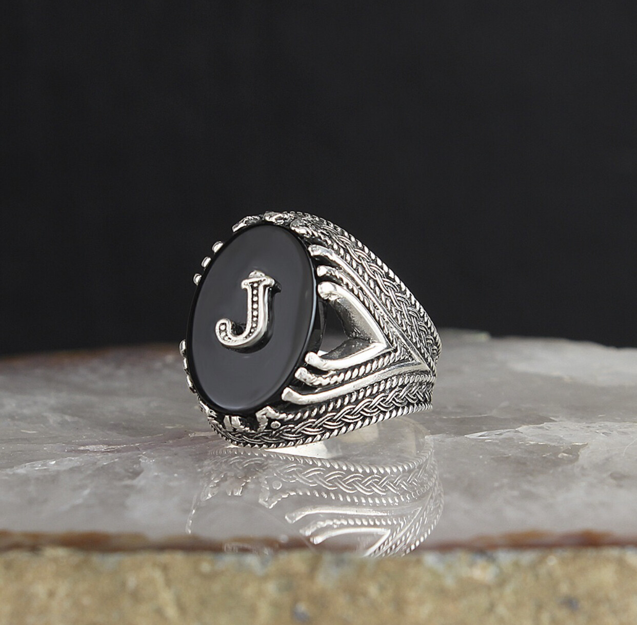 Put your own Letter on 925 Silver Sterling Ring with Onyx Stone
