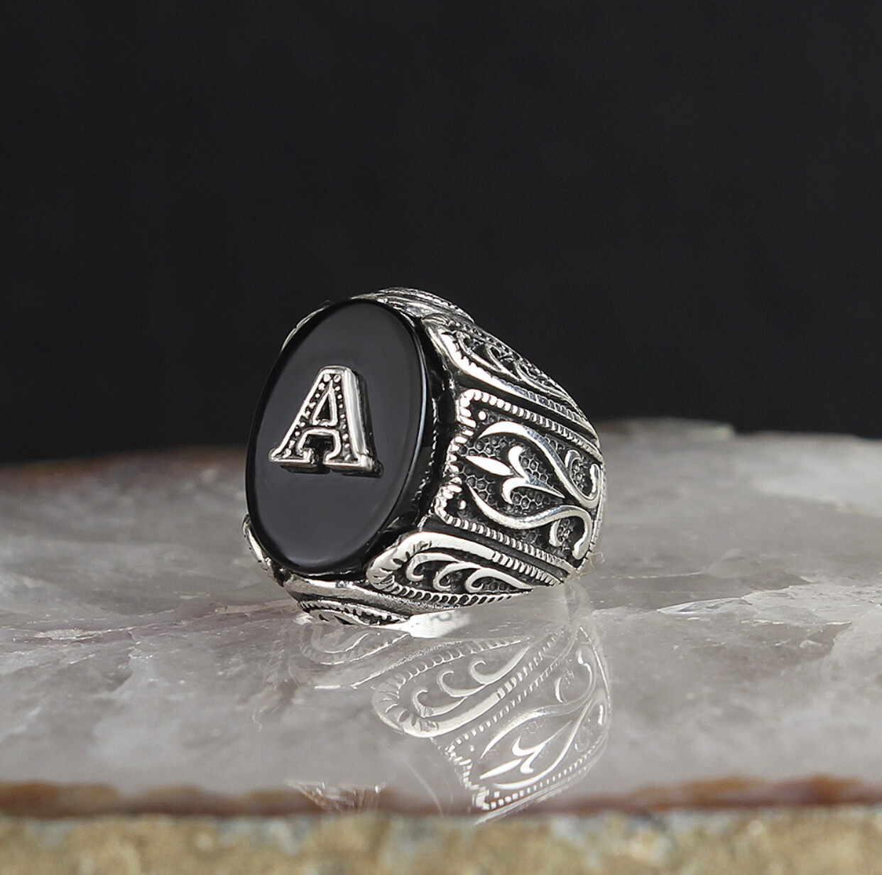 Put your own Letter on 925 Silver Sterling Ring with Onyx Stone