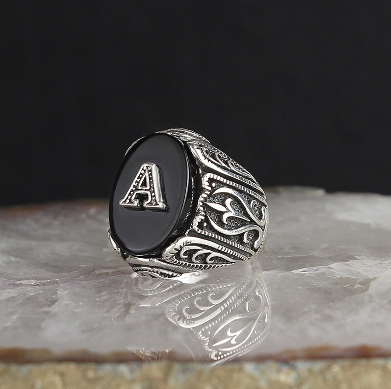 Put your own Letter on 925 Silver Sterling Ring with Onyx Stone