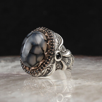 Pure 925 Silver Sterling Ring with Yamani Aqeeq Agate Stone