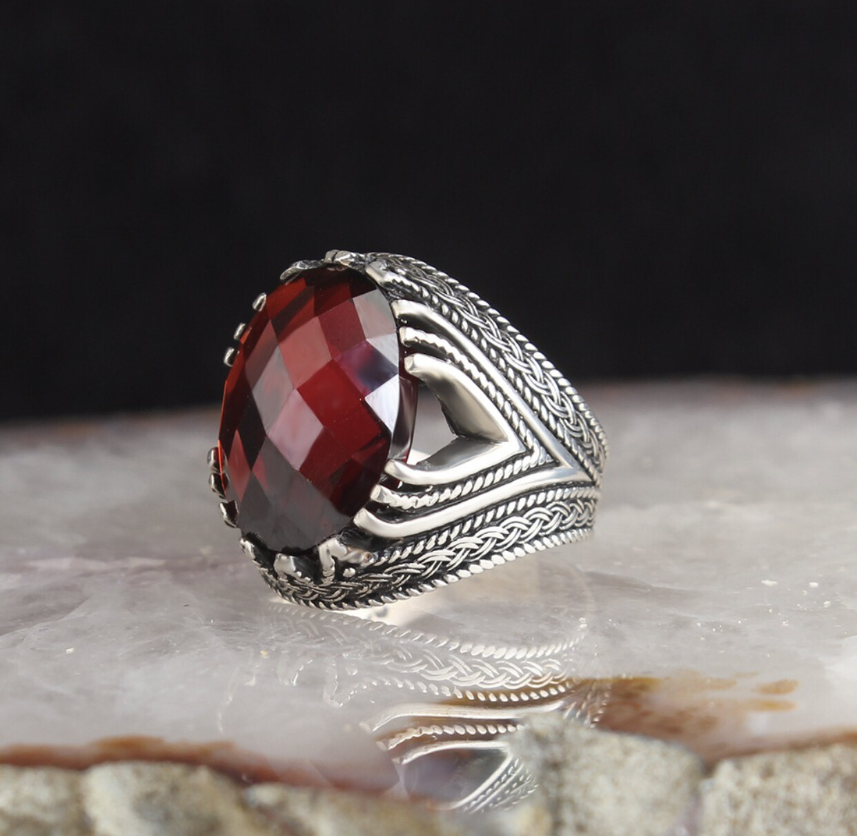 Silver Sterling Ring with Red Crystal Stone
