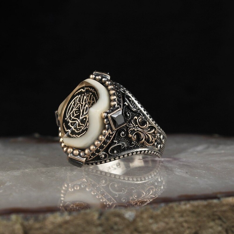 Agate stone with Onyx stone Arabic Calligraphy  Silver Ring