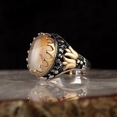 Pure 925 Silver Sterling Ring with Yamani Aqeeq Agate Stone