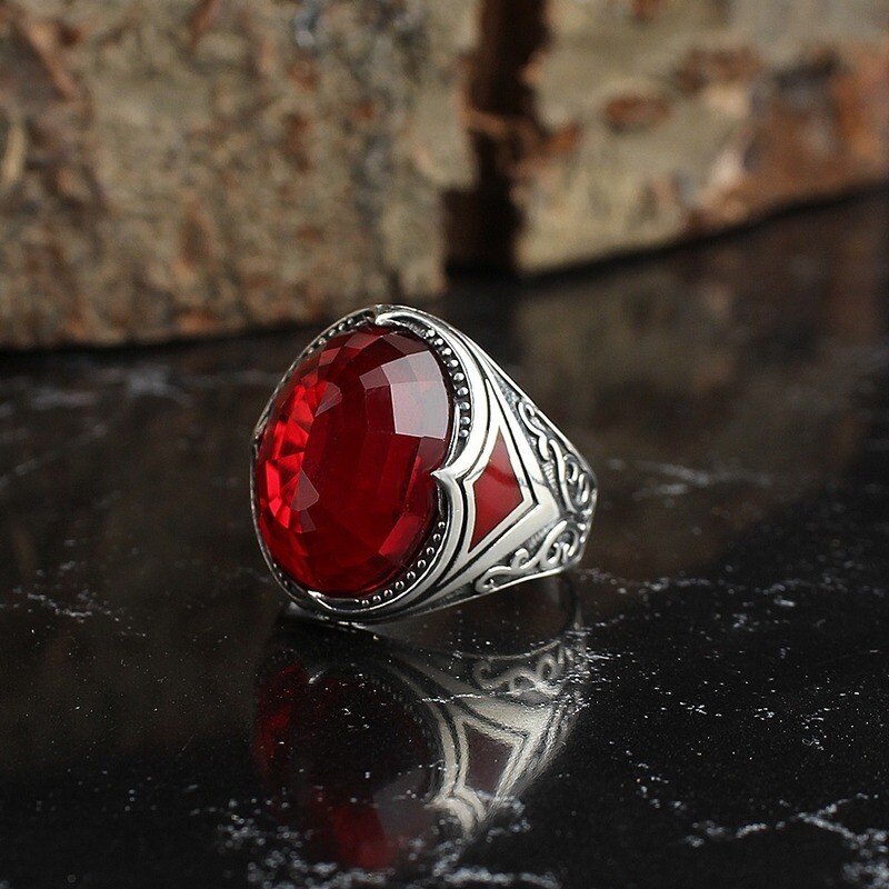 Silver Sterling Ring with Red Crystal Stone