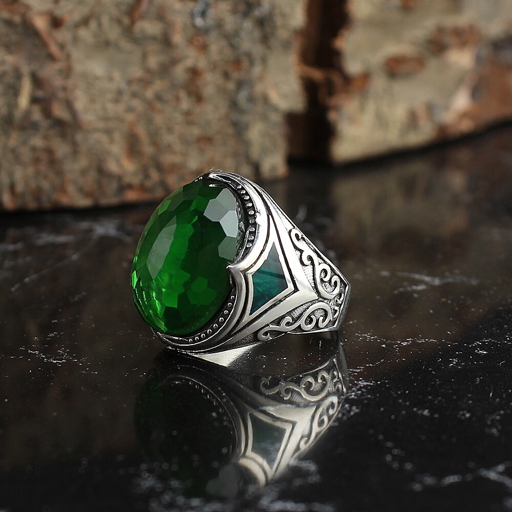 Silver Sterling Ring with Green Crystal Stone