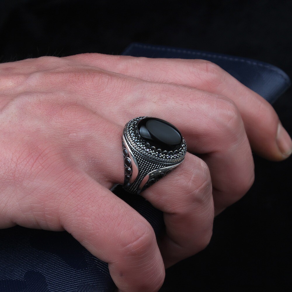 Hand Made 925 Silver Sterling Ring with Onyx Stone wedding jewelry
