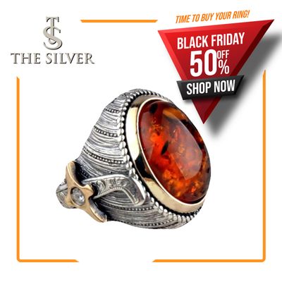 Hand Made Silver Ring with red amber Stone