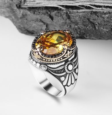 Handmade Men ring 925 sterling silver, faceted citrine gemstone | Thesilver