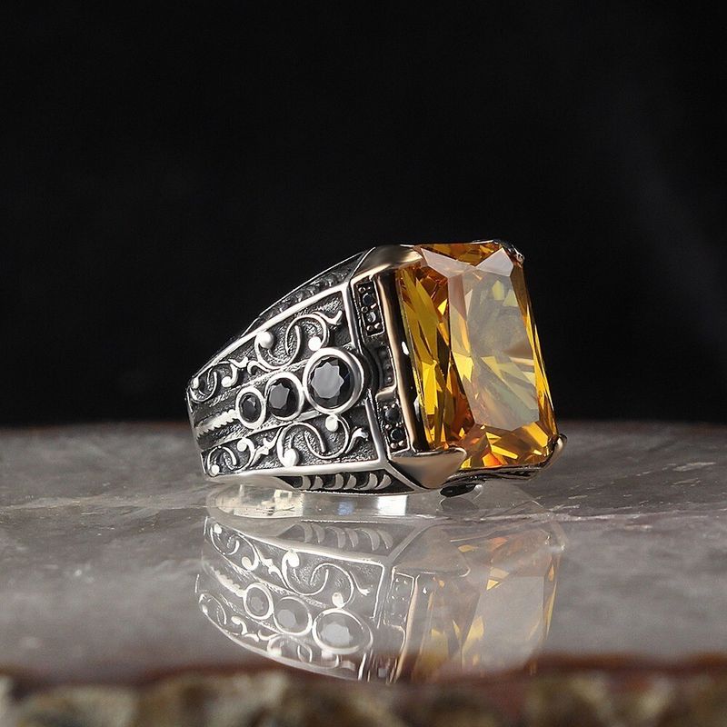 Exclusive Handmade 925 Sterling Silver Men's Ring with Golden Yellow Gemstone | Thesilver Exclusive Handmade 925 Sterling Silver Men's Ring with Golden Yellow Gemstone | Thesilver