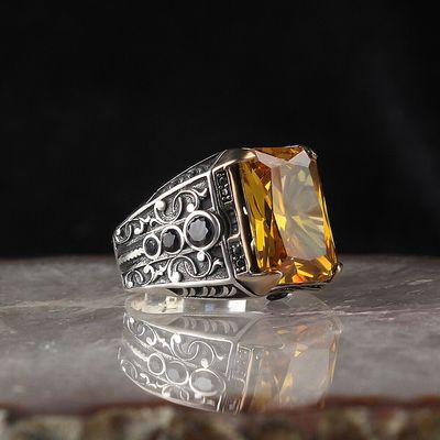 Exclusive Handmade 925 Sterling Silver Men's Ring with Golden Yellow Gemstone | Thesilver Exclusive Handmade 925 Sterling Silver Men's Ring with Golden Yellow Gemstone | Thesilver