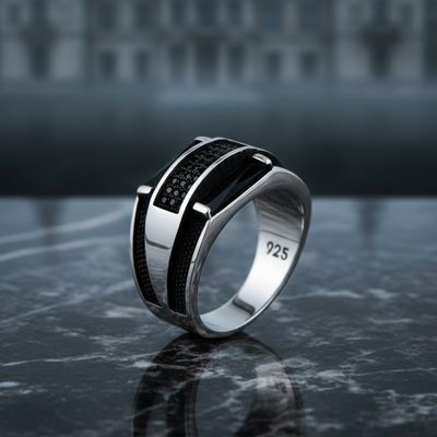 925 Sterling Silver Handmade Men’s Ring with Black Zircon Stone