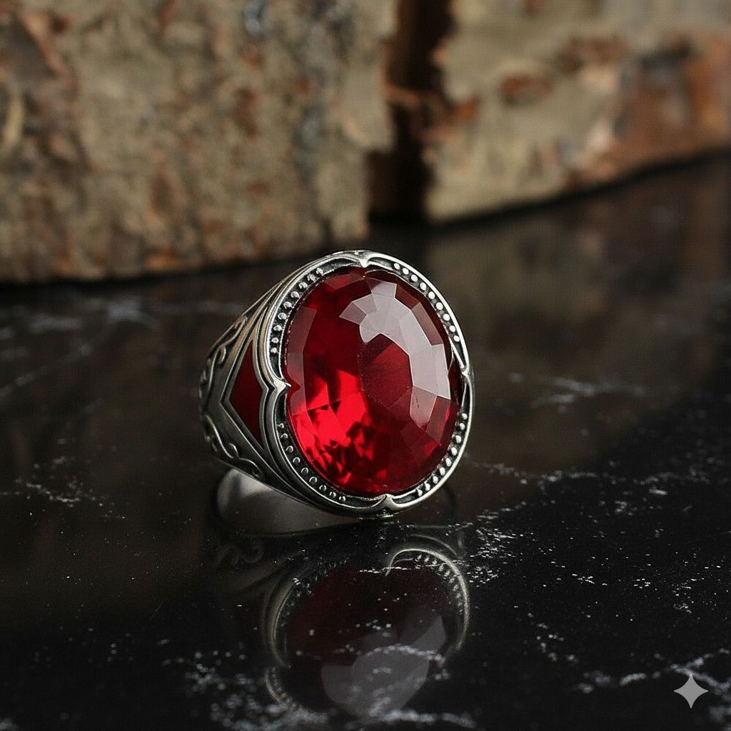 Silver Sterling Ring with Red Crystal Stone