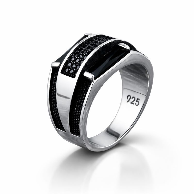 925 Sterling Silver Handmade Men’s Ring with Black Zircon Stone