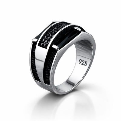 925 Sterling Silver Handmade Men’s Ring with Black Zircon Stone