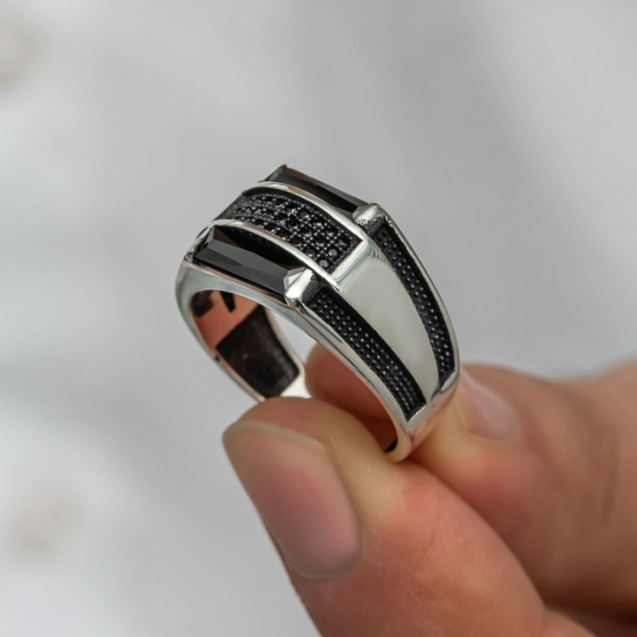 Zircon Men silver ring Handmade Pure 925 SILVER Black Gemstone stone