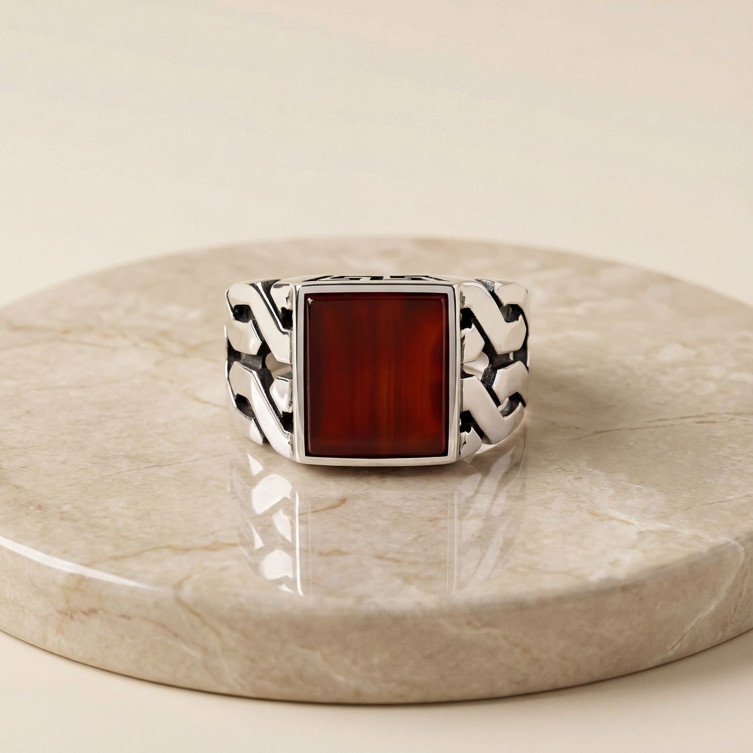 Men’s 925 Sterling Silver Ring with Red Agate Stone – Handmade Turkish Statement Signet Ring