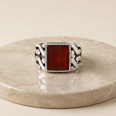 Men’s 925 Sterling Silver Ring with Red Agate Stone – Handmade Turkish Statement Signet Ring