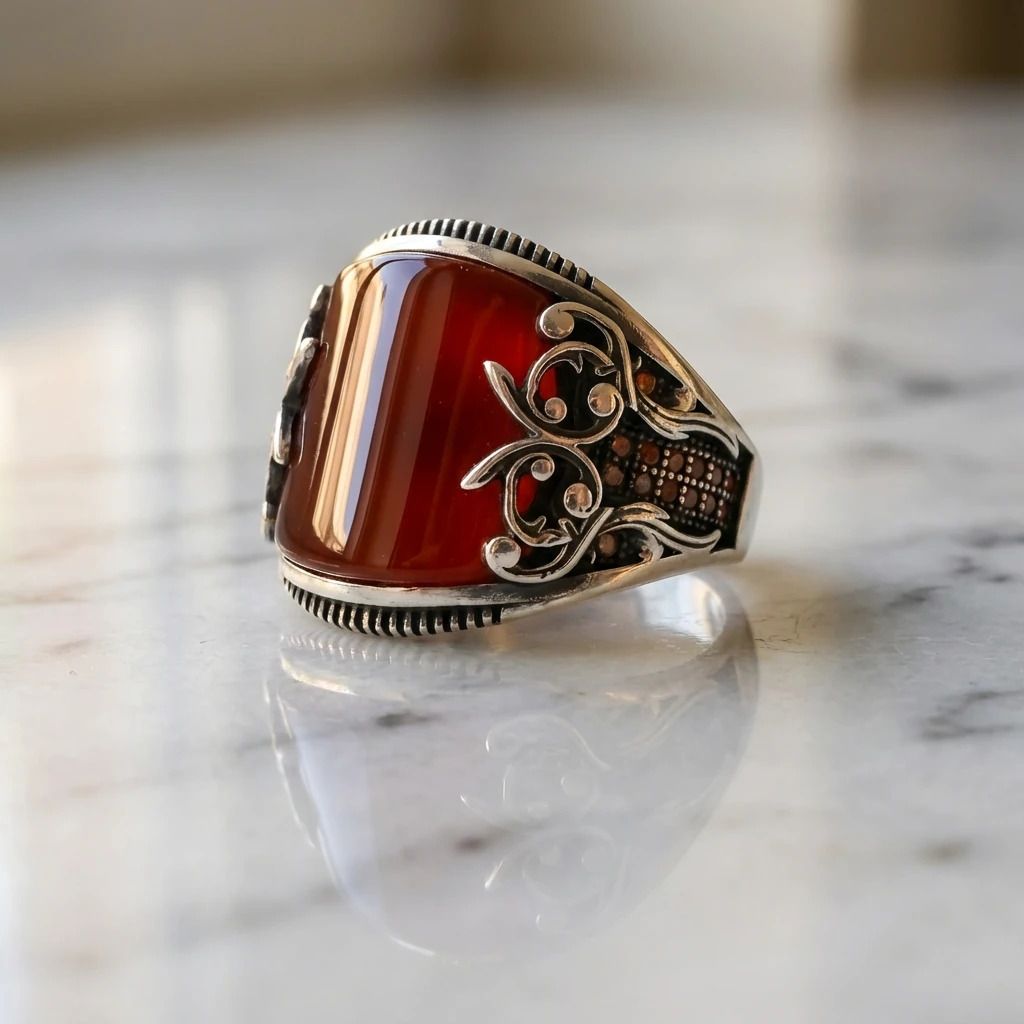 Sterling Silver Ring with Red Agate – Handmade, Solid 925 Silver