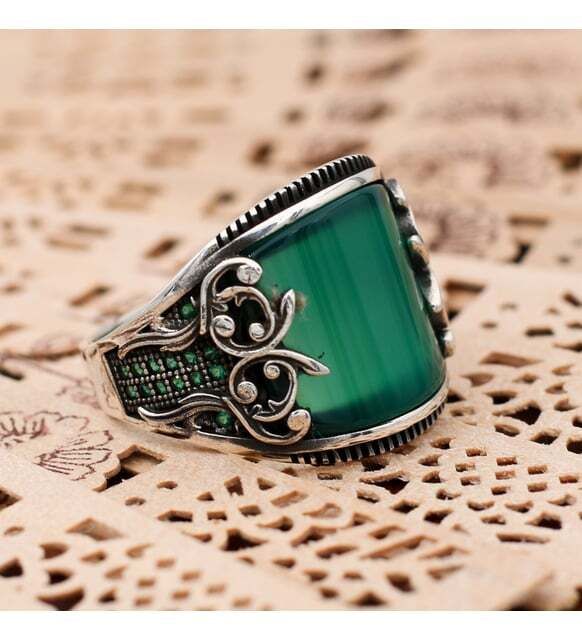 Green stone silver ring Handmade 925 Sterling Silver rings for Men, Turkish Wedding Ring
