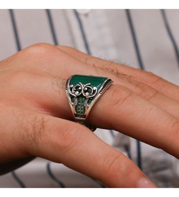 Green stone silver ring Handmade 925 Sterling Silver rings for Men, Turkish Wedding Ring