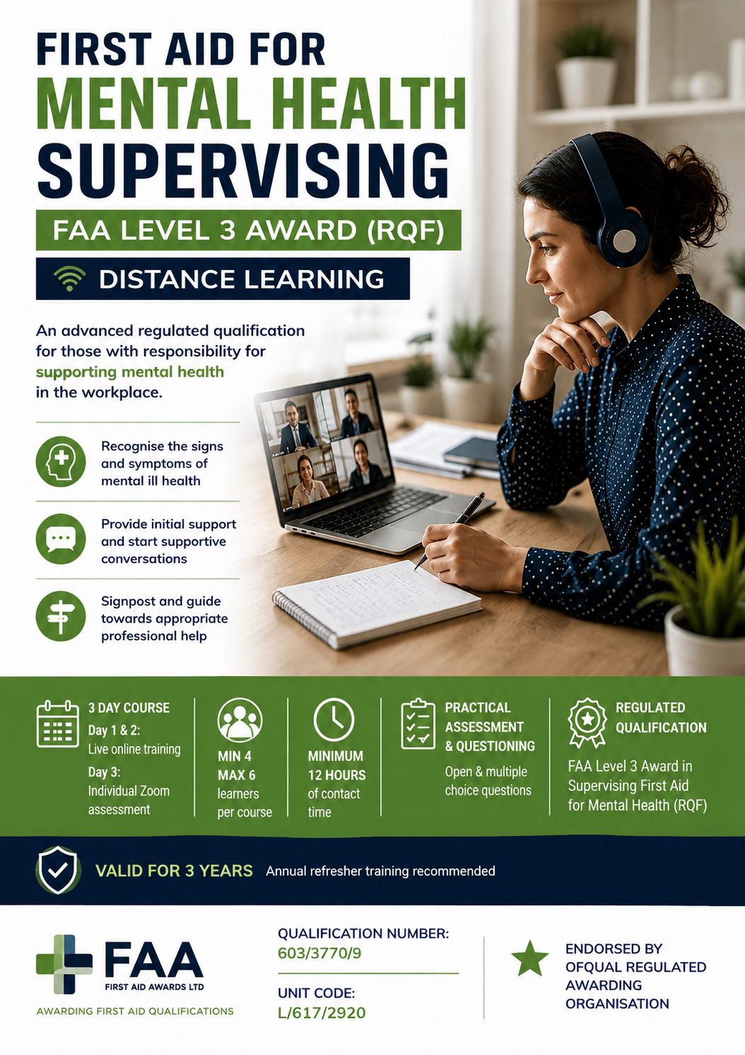 First Aid for Mental Health Supervising – FAA Level 3 Award (RQF) –DISTANCE LEARNING First Aid for Mental Health Supervising – FAA Level 3 Award (RQF) –DISTANCE LEARNING