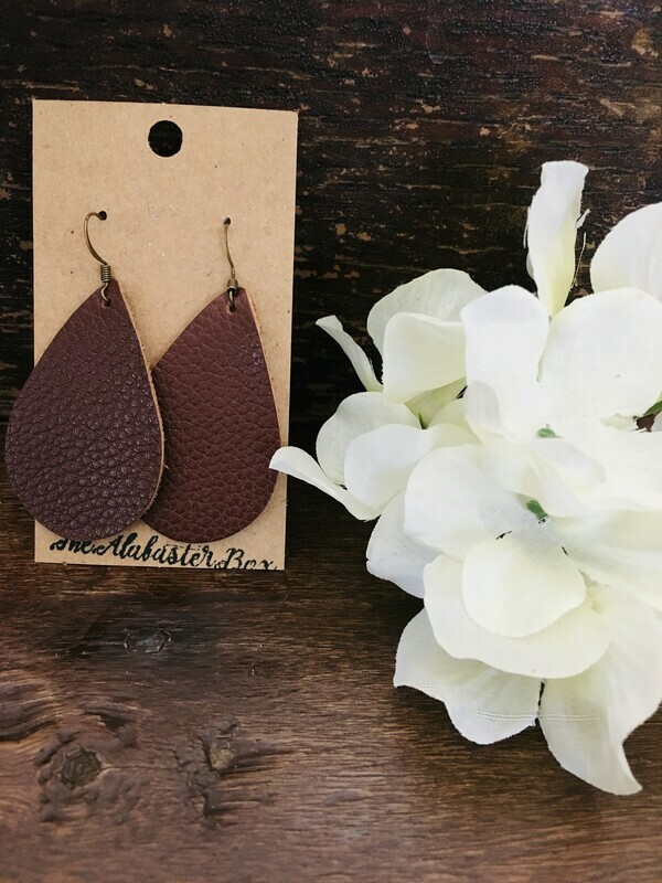 Brown leather tear drop earrings