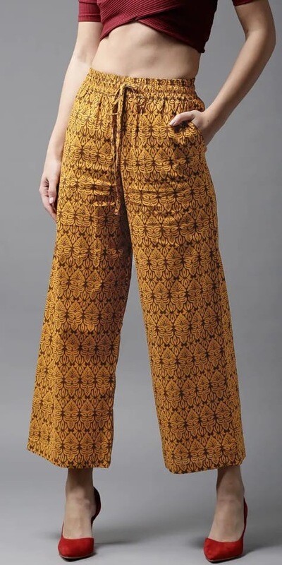 LAK LUUM Women Mustard Yellow &amp; Brown Printed Wide Leg Cropped Palazzos (MYN-PE)