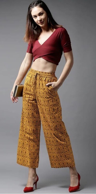 LAK LUUM Women Mustard Yellow &amp; Brown Printed Wide Leg Cropped Palazzos (MYN-PE)
