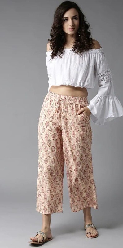LAKLUUM Women Off-White &amp; Pink Printed Wide Leg Cropped Palazzos MYN-EB/B