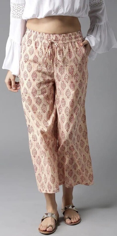 LAKLUUM Women Off-White &amp; Pink Printed Wide Leg Cropped Palazzos MYN-EB/B