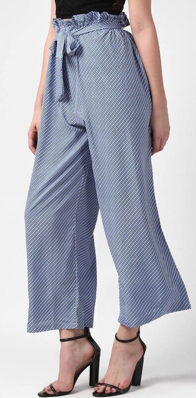 LAKLUUM Women Blue &amp; White Striped Flared Palazzos 
MYN-PP