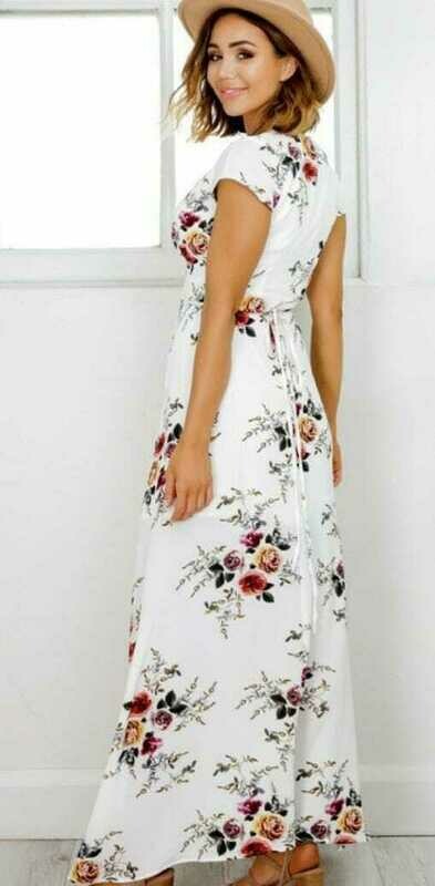 V Neck Floral Print Asymmetrical Hem Wrap Beach Maxi Dress 
 MK-FE
