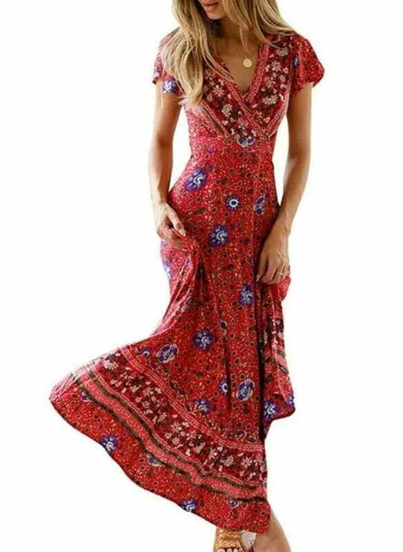 Floral V-Neckline Maxi X-line Dress AD-FE