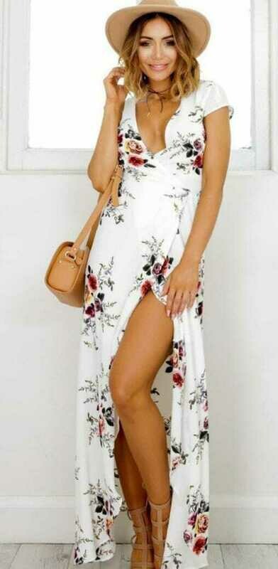 V Neck Floral Print Asymmetrical Hem Wrap Beach Maxi Dress 
 MK-FE