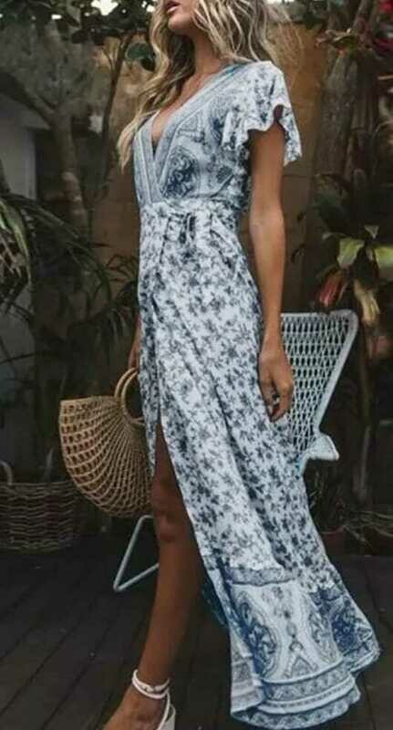 Floral V-Neckline Maxi X-line Dress AD-FE