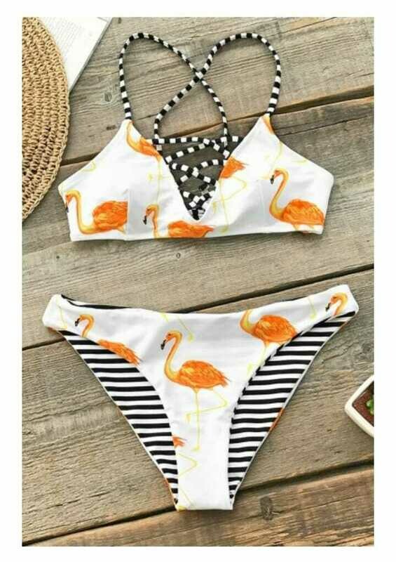 Sexy V-Neck Flamingo Striped Printed Crisscross Hollow Out White Bikini BH-OE