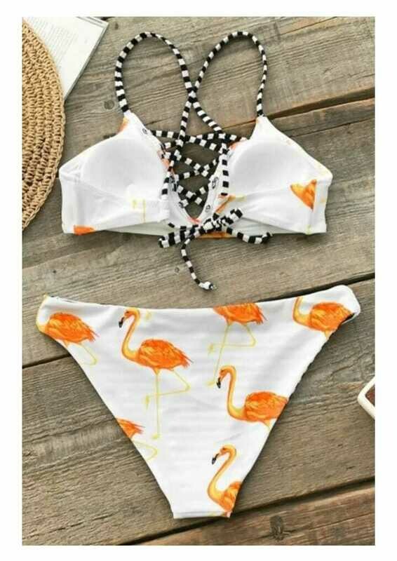 Sexy V-Neck Flamingo Striped Printed Crisscross Hollow Out White Bikini BH-OE