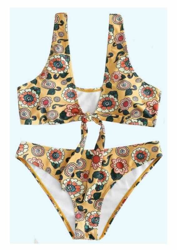Fashionable Yellow Floral Printed Tied Front Sleeveless Bikini
BH-OE