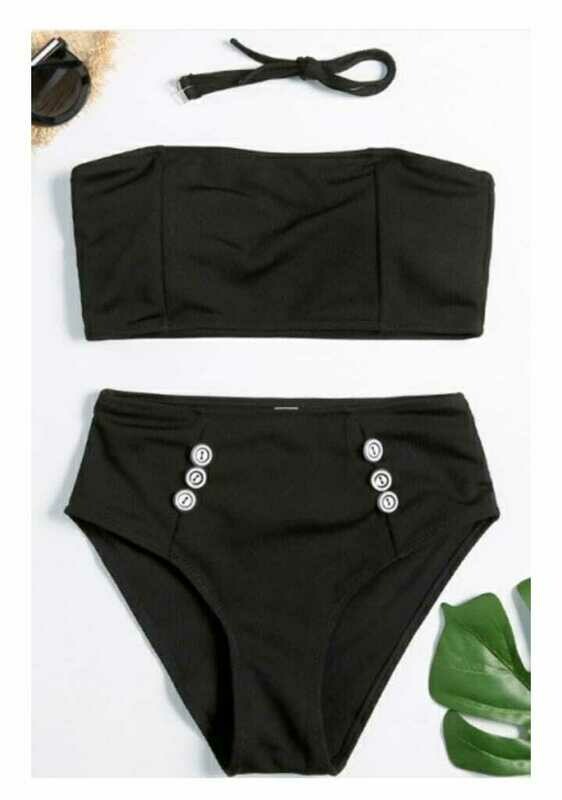 Plain Sleeveless Top with Button Front High Waist Bottom Bikini Swimwear
BH-OI