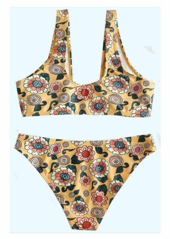 Fashionable Yellow Floral Printed Tied Front Sleeveless Bikini
BH-OE