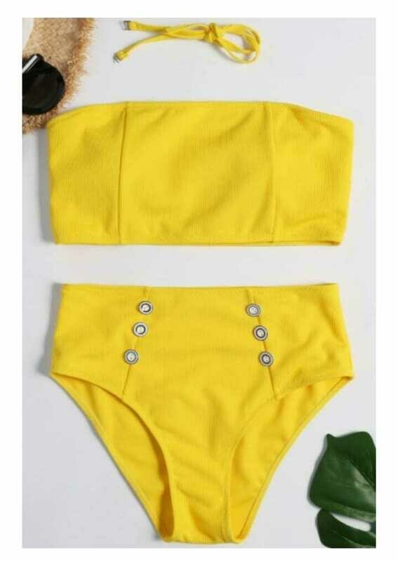 Plain Sleeveless Top with Button Front High Waist Bottom Bikini Swimwear
BH-OI