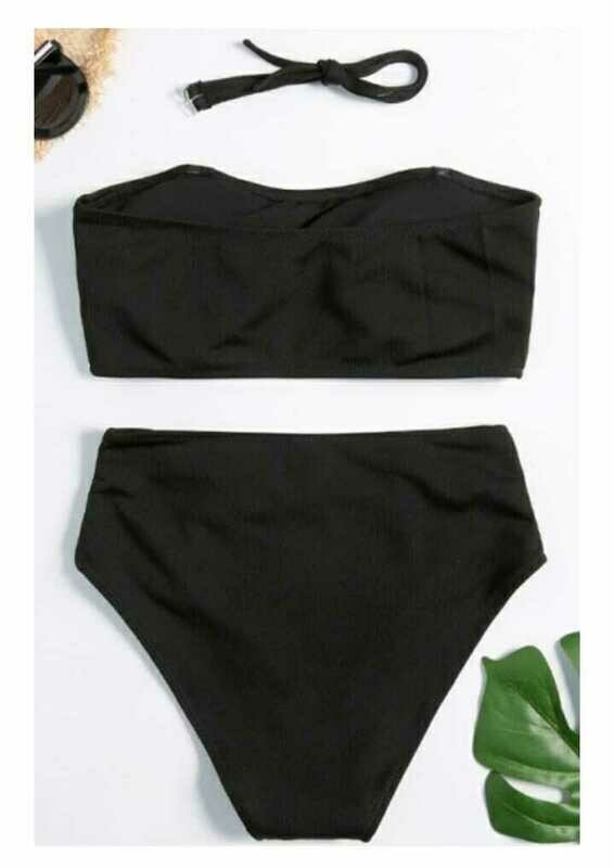 Plain Sleeveless Top with Button Front High Waist Bottom Bikini Swimwear
BH-OI